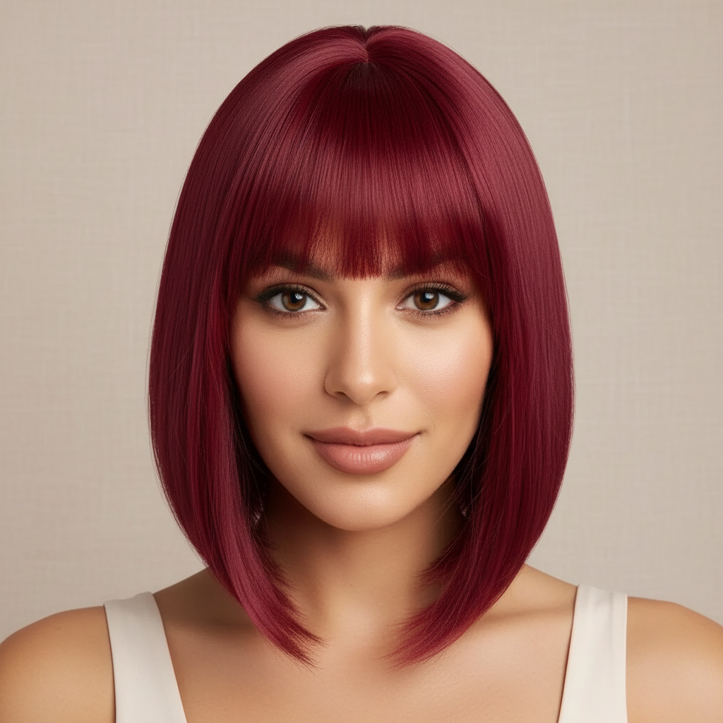 Scarlet Glam | Full Bang Solid Burgundy Straight Bob Wig