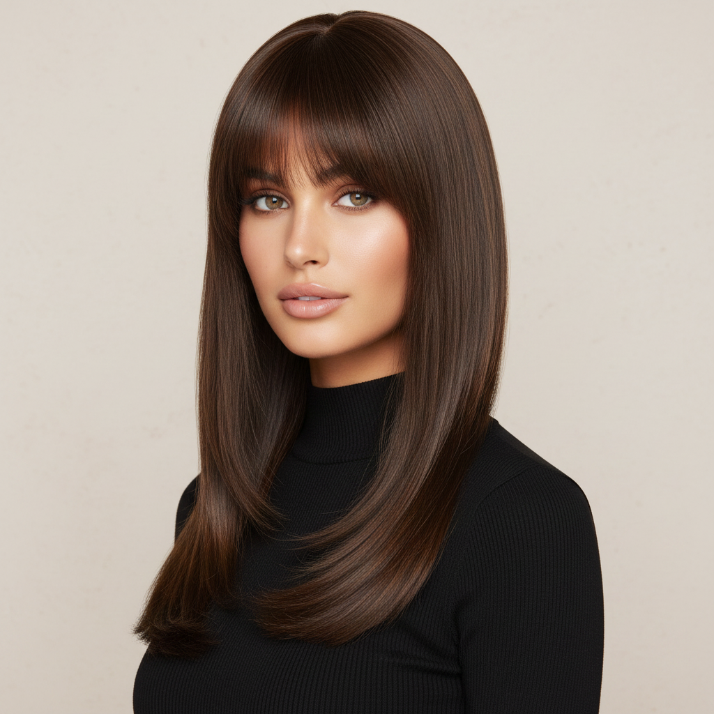 Taupe Chic | Curtain Bang Brown Balayage Layered Straight Wig