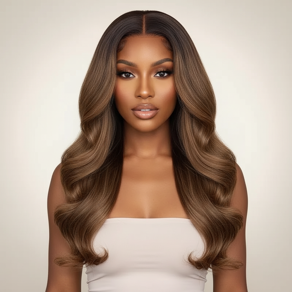 Elegant Waves|Ombre Brown Long Loose Wave Lace Wig Natural Middle Part Heat-Resistant Synthetic Hair