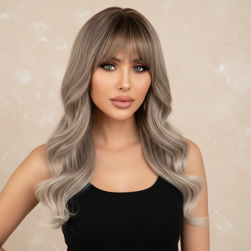 Luxe | Ash Blonde Ombre Wavy Wig with Airy Bangs