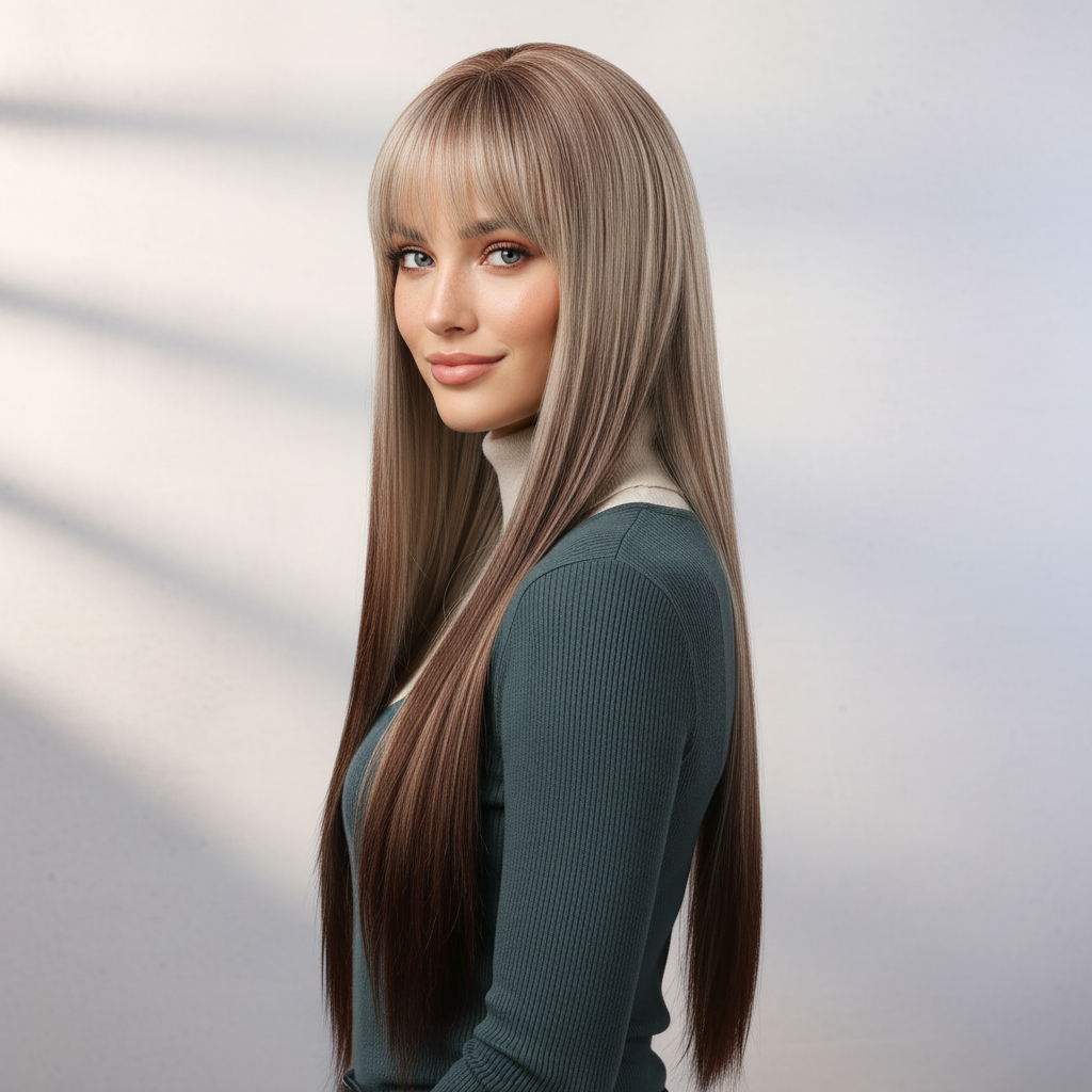Mauve Chic | Full fringe ash brown layered straight wig