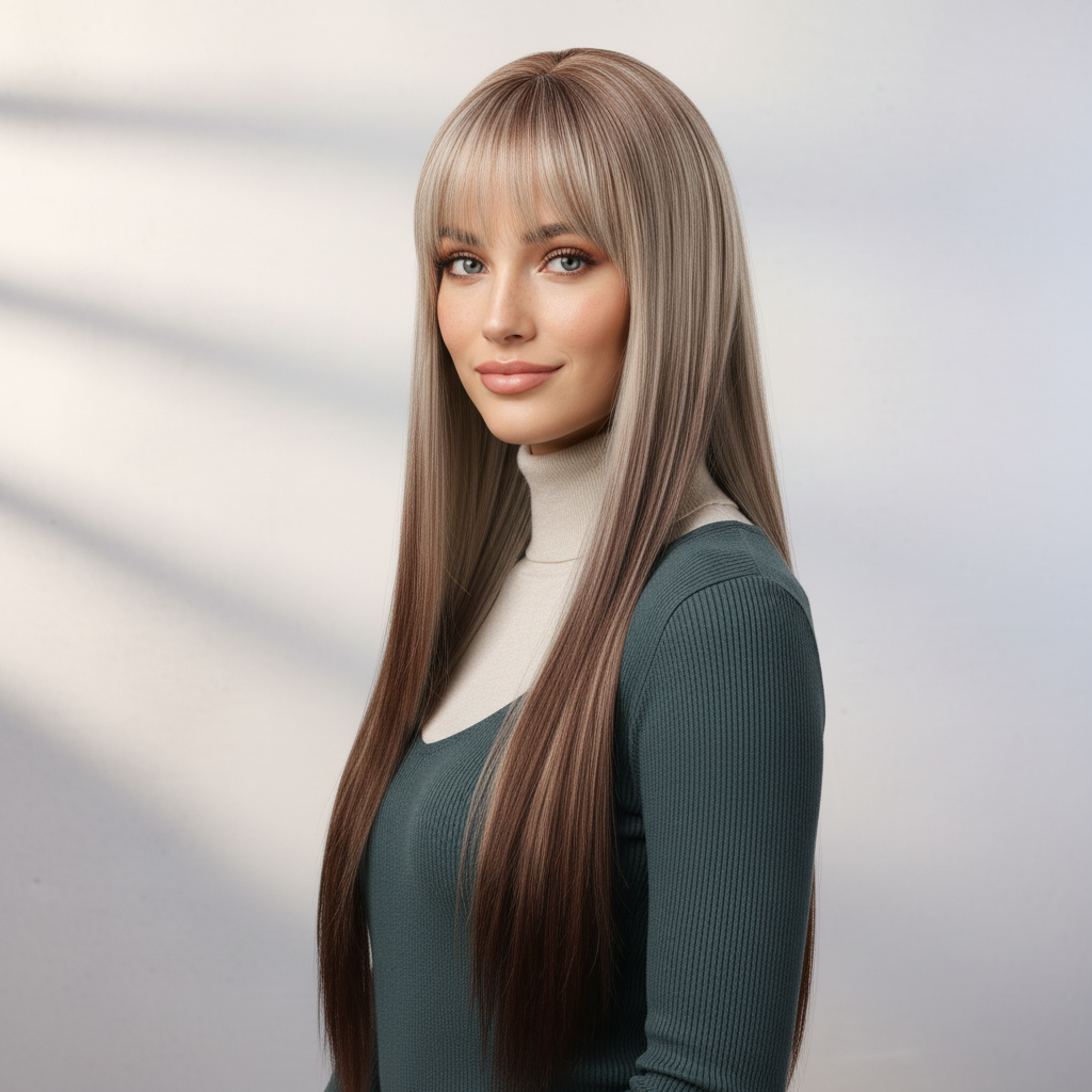 Mauve Chic | Full fringe ash brown layered straight wig