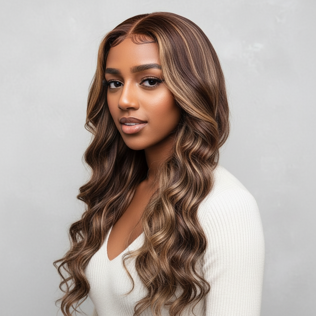Caramel Luxe | Middle Part Caramel Highlight Long Wavy Wig