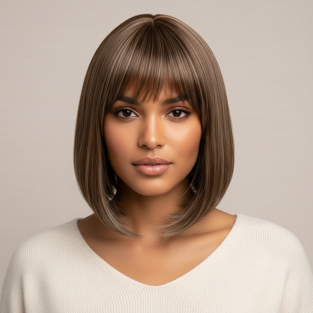 Hazel Modish | Bangs Brown Highlight Inverted Bob Wig