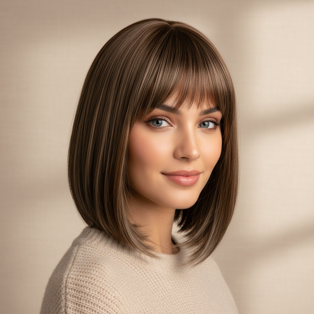 Hazel Modish | Bangs Brown Highlight Inverted Bob Wig