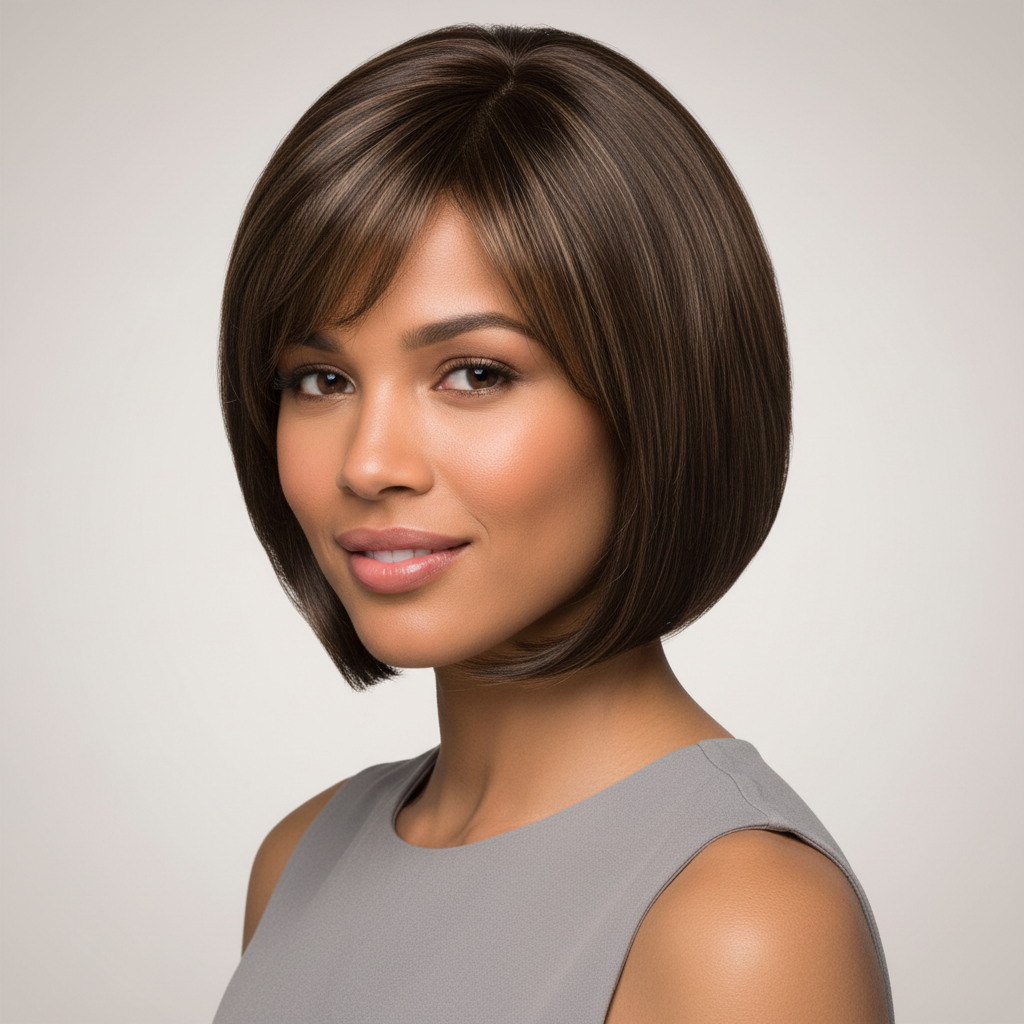 Mocha Chic | Side Bang Mocha Highlight Short Bob Wig