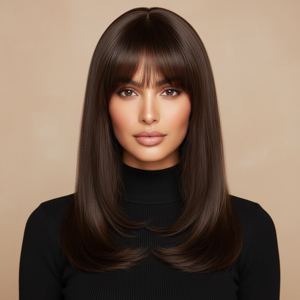 Walnut Elegant | Full Bang Solid Walnut Brown Layered Straight Wig