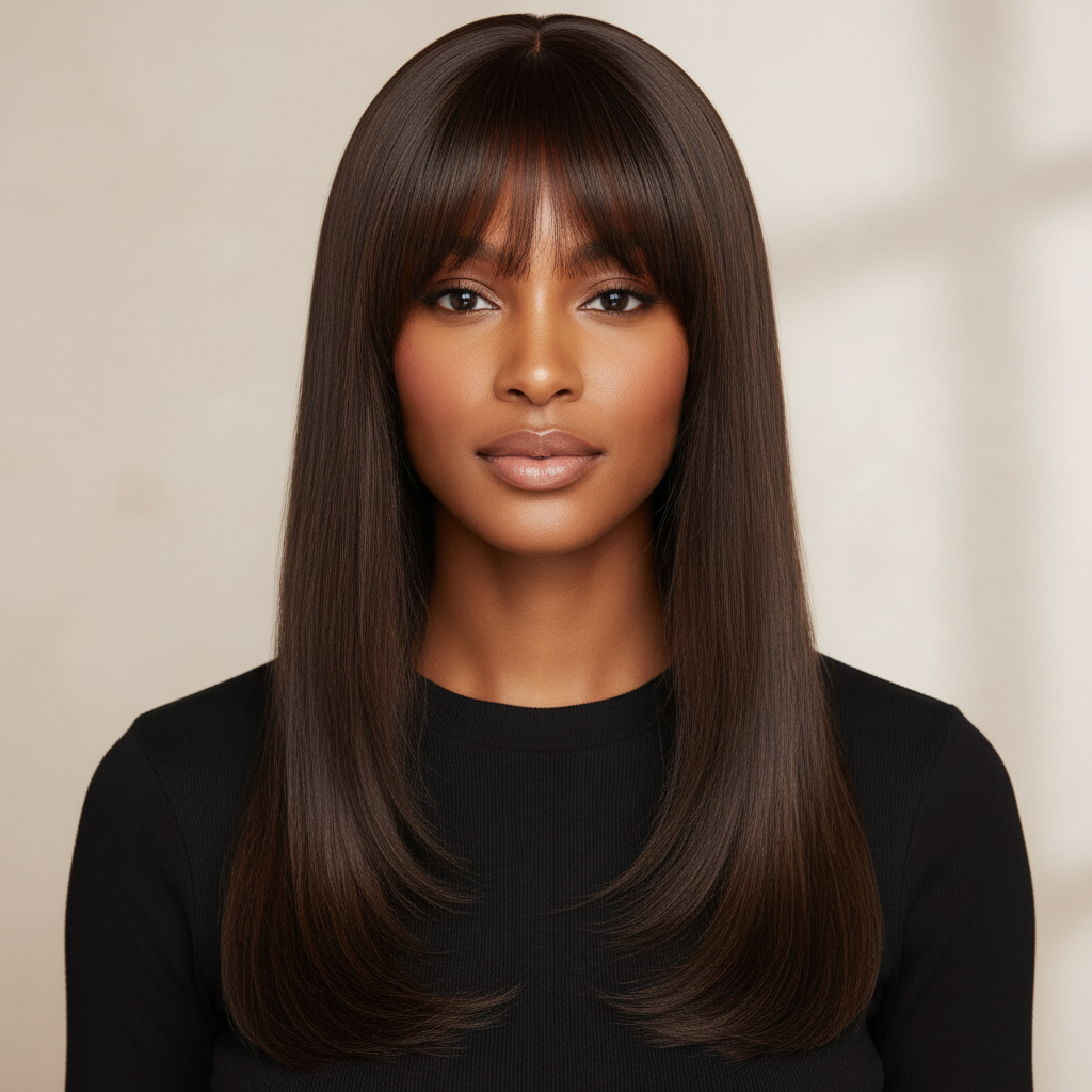 Walnut Elegant | Full Bang Solid Walnut Brown Layered Straight Wig