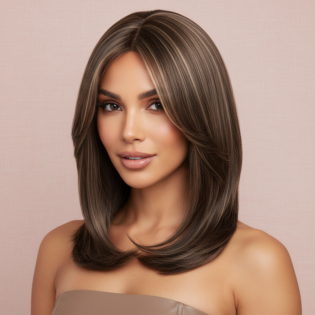 Ash Mocha Chic | Middle Part Ash Highlight Layered Lob Wig