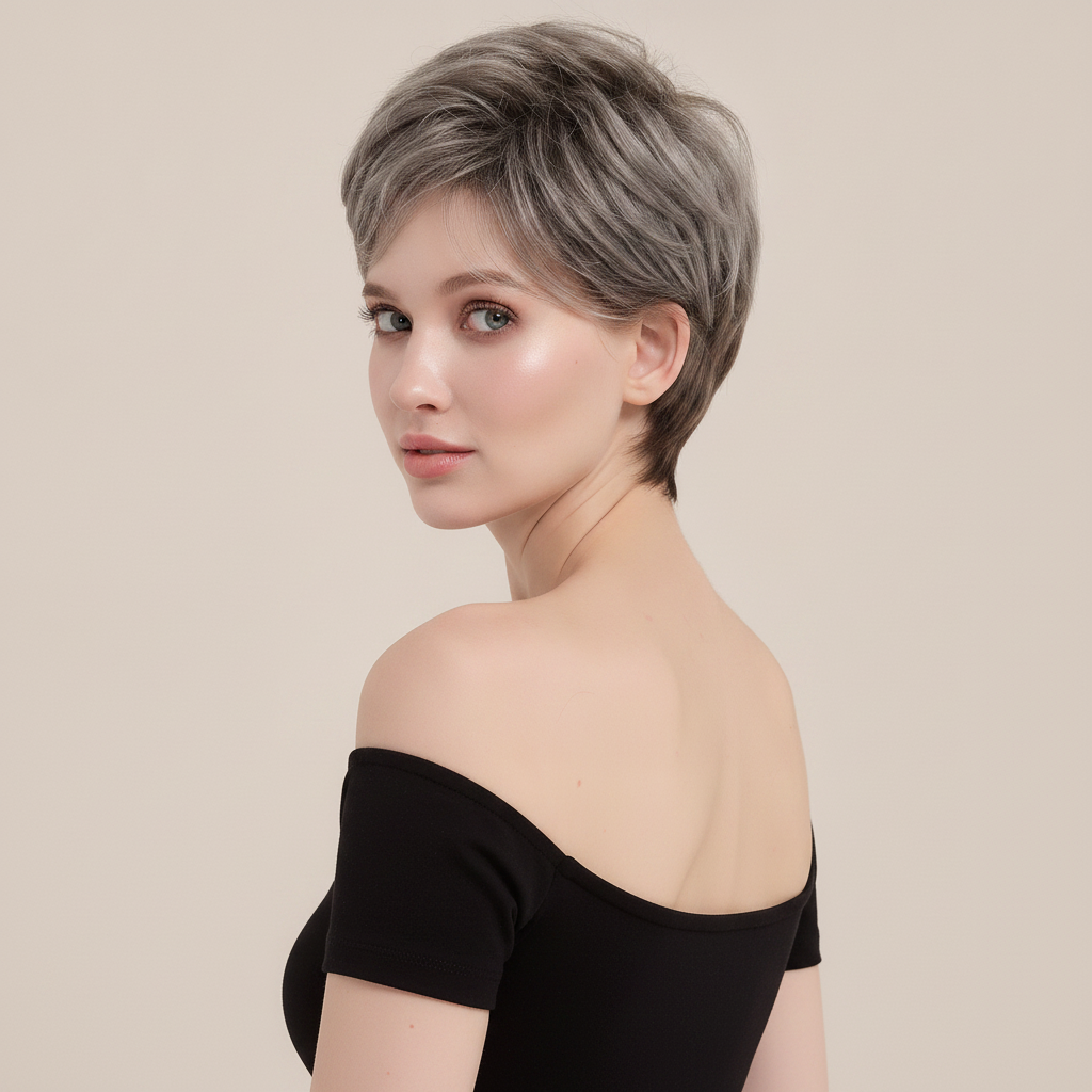 Silver Fox Chic | Layered Pixie Cut Silver Gray Short Wig