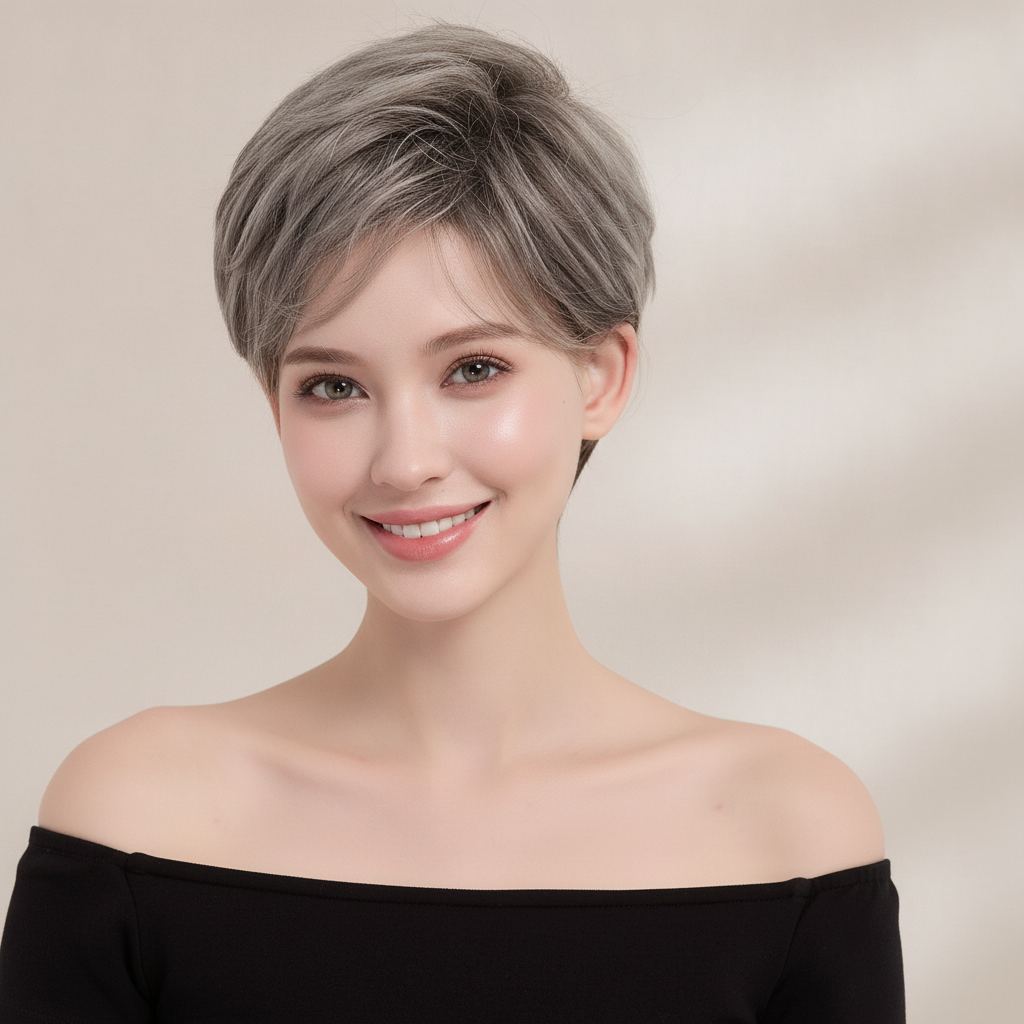Silver Fox Chic | Layered Pixie Cut Silver Gray Short Wig