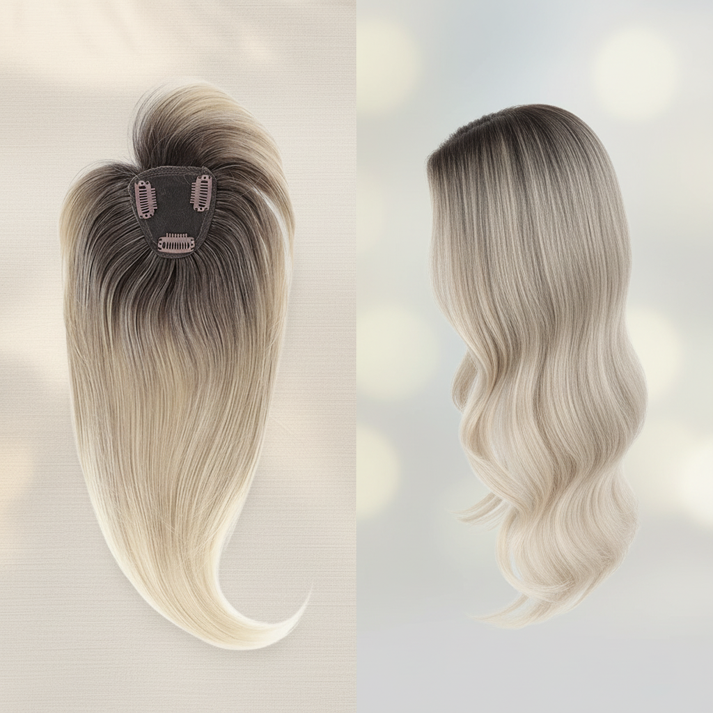 Ash Blonde Luxe | Clip-In Dark Root Ash Blonde Ombre Hair Topper
