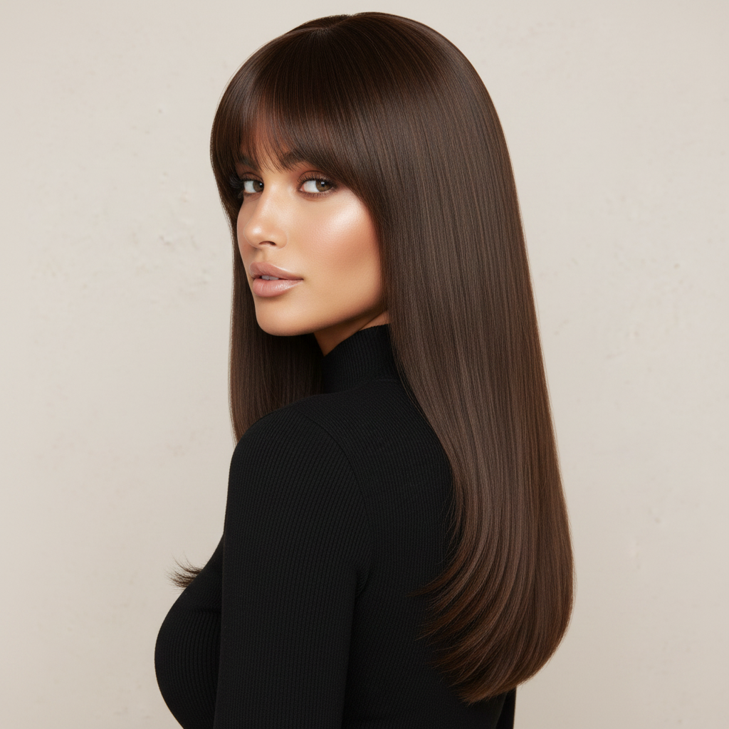 Taupe Chic | Curtain Bang Brown Balayage Layered Straight Wig