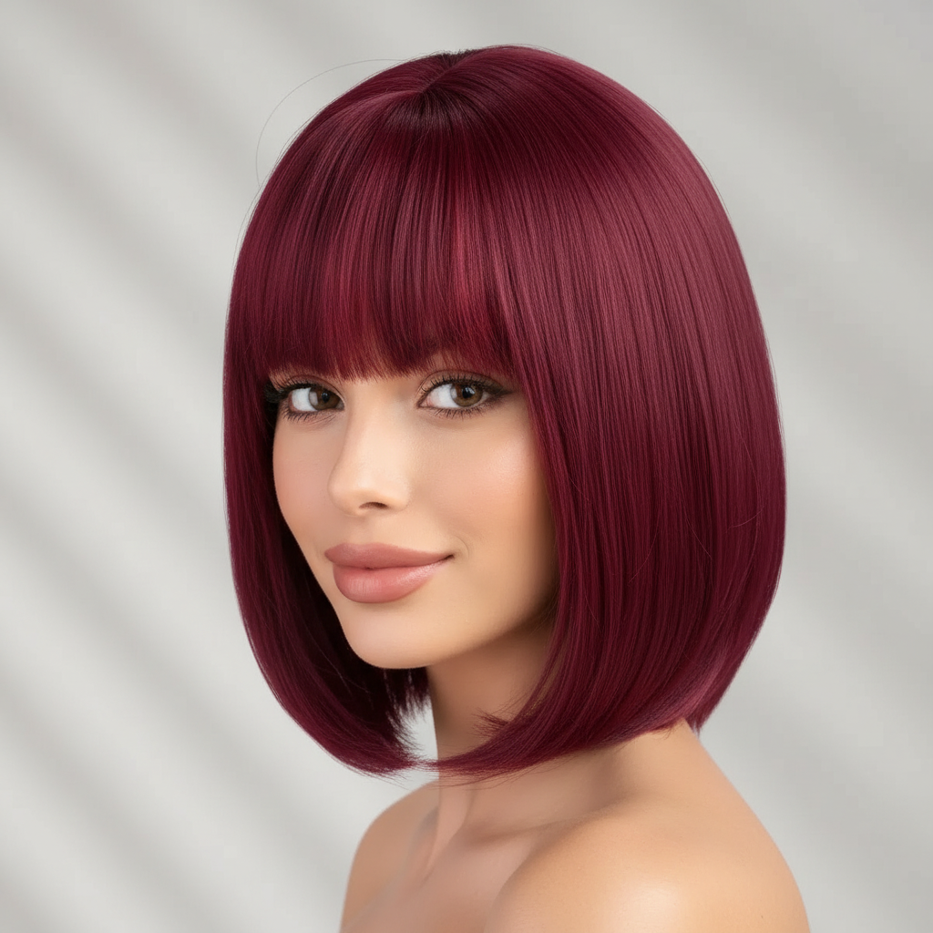 Scarlet Glam | Full Bang Solid Burgundy Straight Bob Wig
